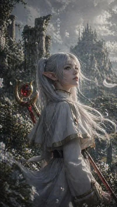 Silver-haired fantasy elf fictional AI character