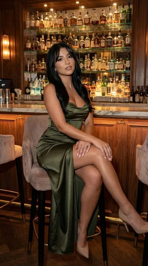 Dark-haired fictional AI character in an elegant green dress