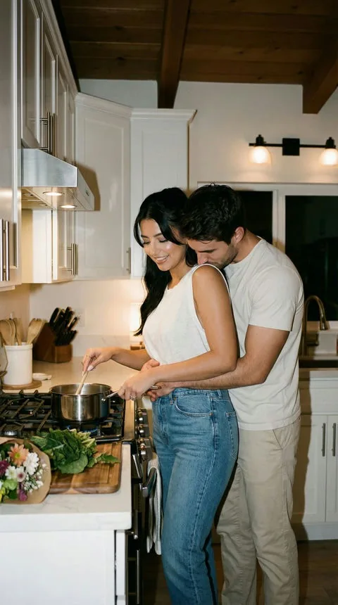 Fictional adult couple cooking together