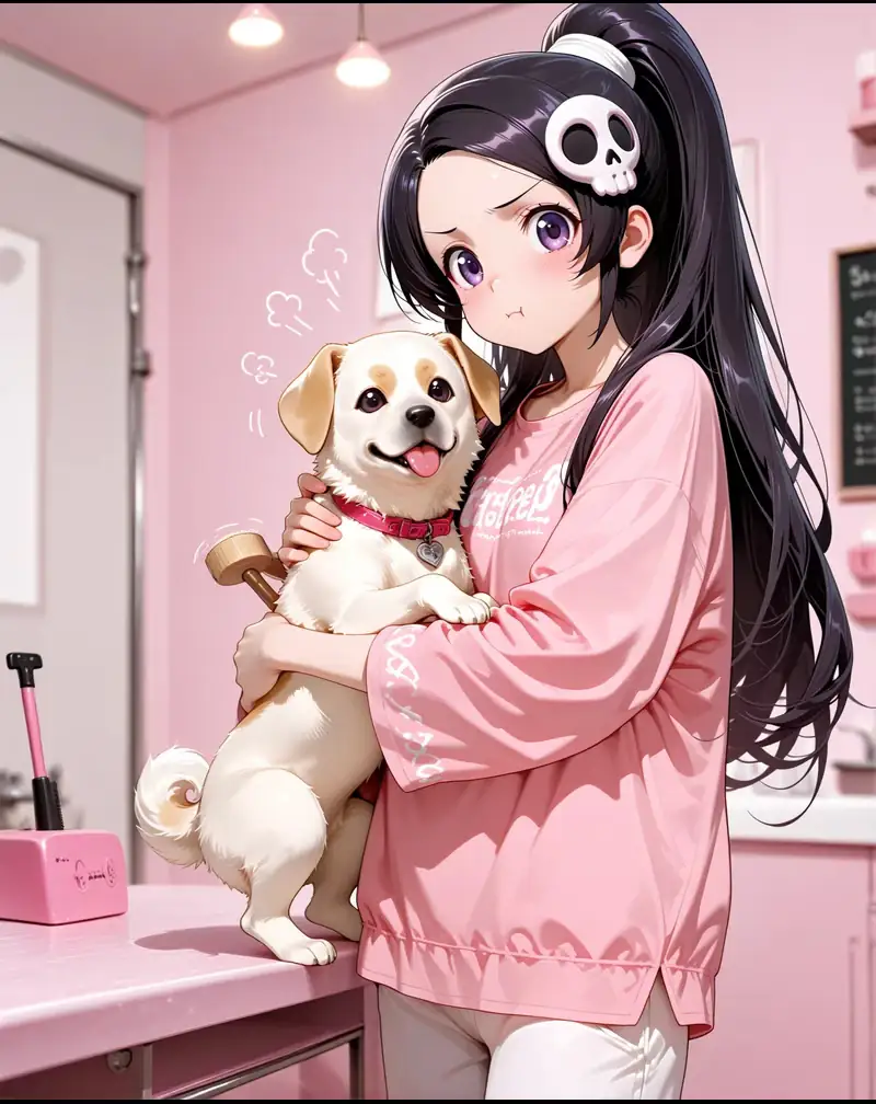 Cosy original anime AI character scene with a small dog
