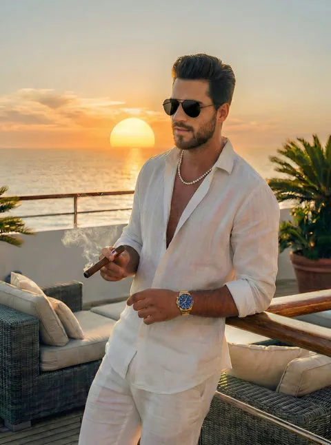 Romantic fictional adult AI boyfriend character at sunset