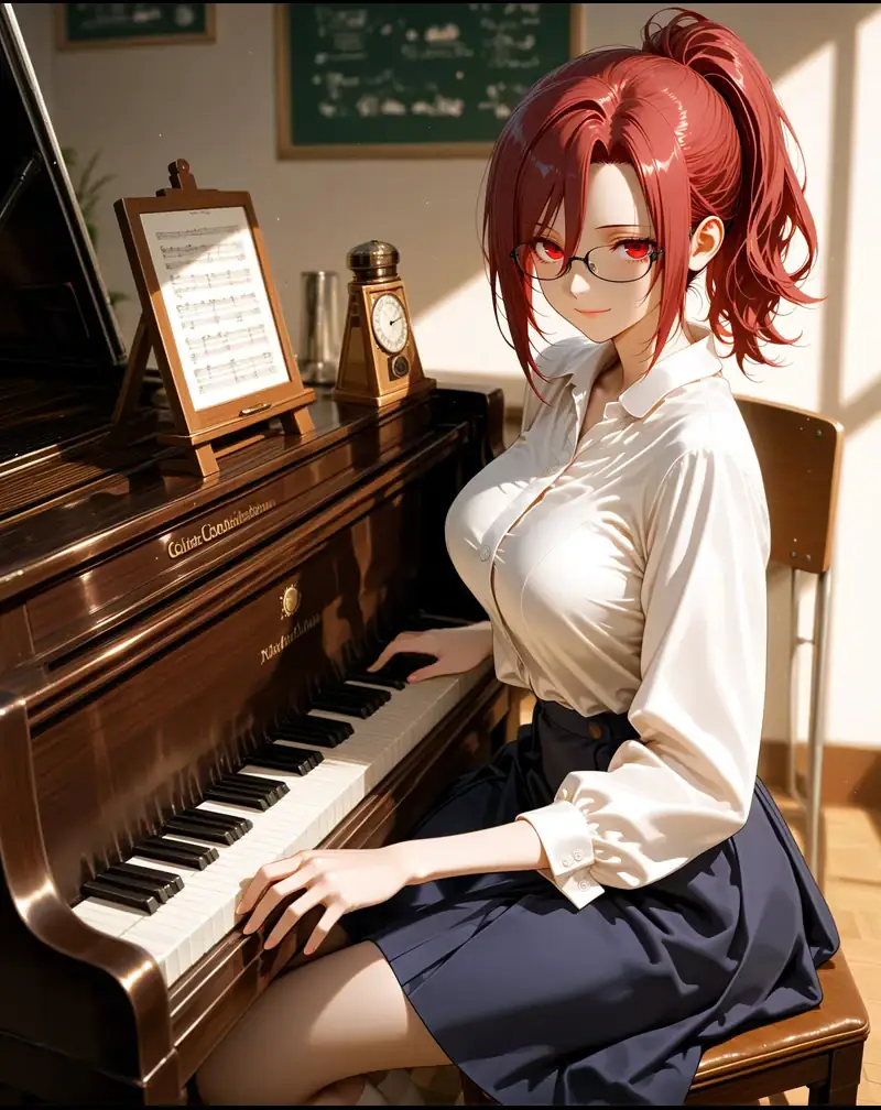 Fictional adult anime AI character playing the piano